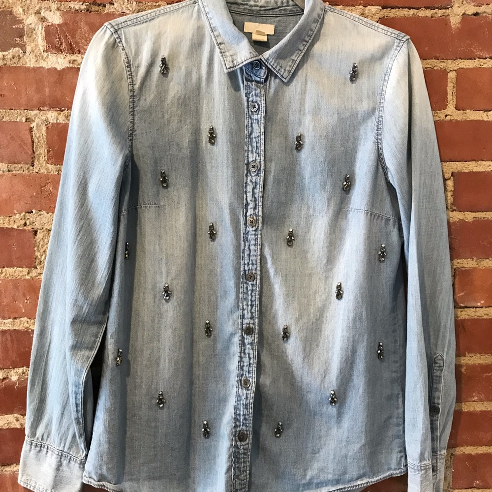 J.CREW WEATHERED DENIM AND RHINESTONE SHIRT
